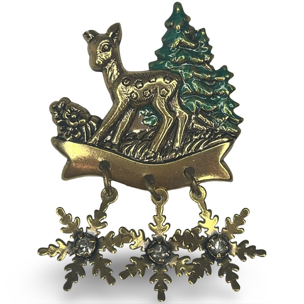 Vintage Discovery California Gold and Green Deer Brooch with Snowflake Charms